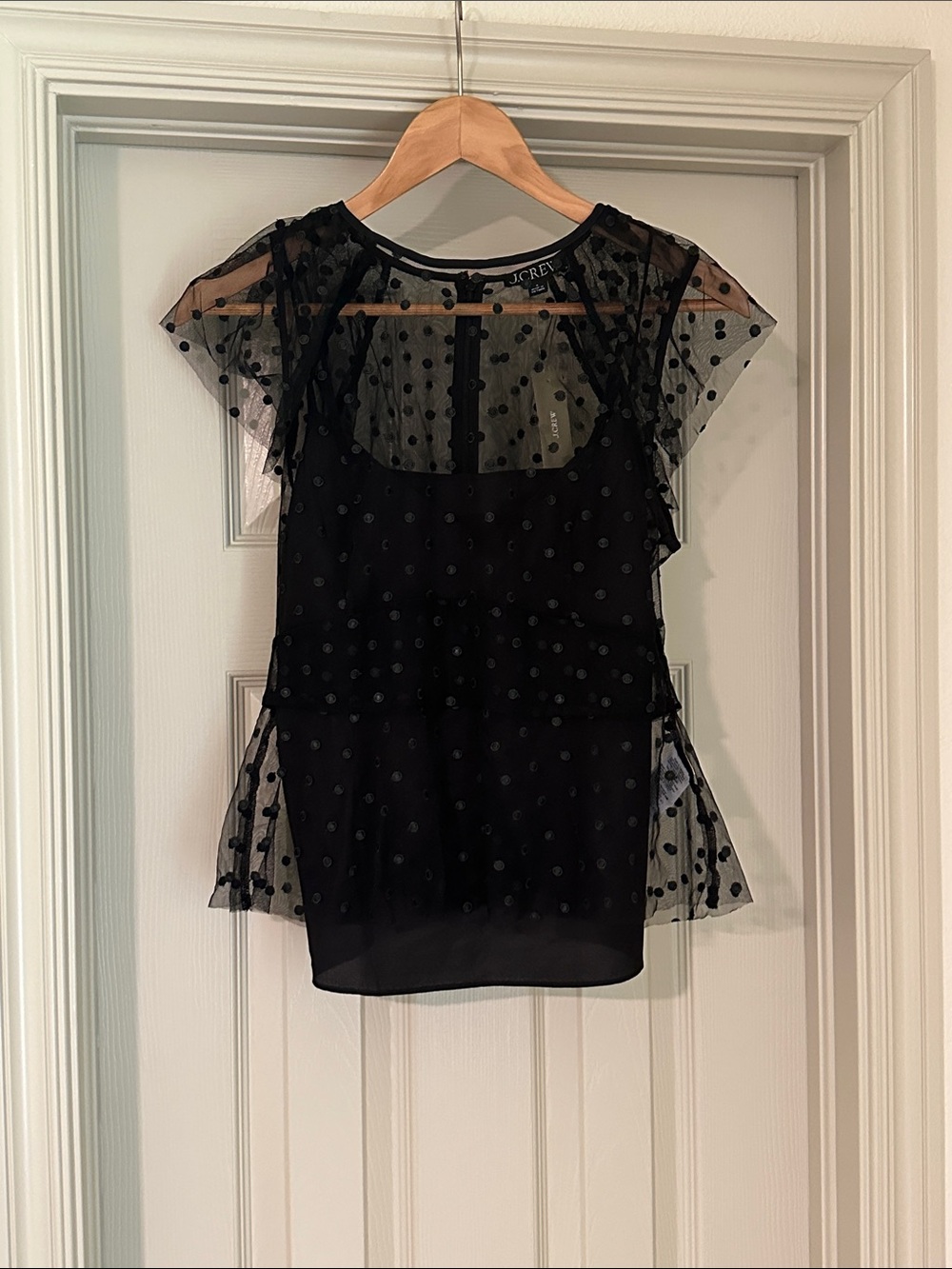J. Crew Black Polka Dot Mesh Layered Blouse